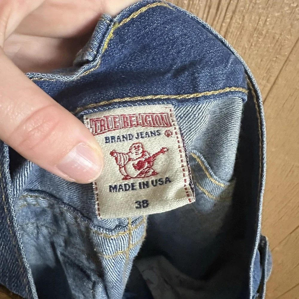 True Religion Jeans Men 38x34 Blue Denim Pants Flap Thrashed Distressed Straight